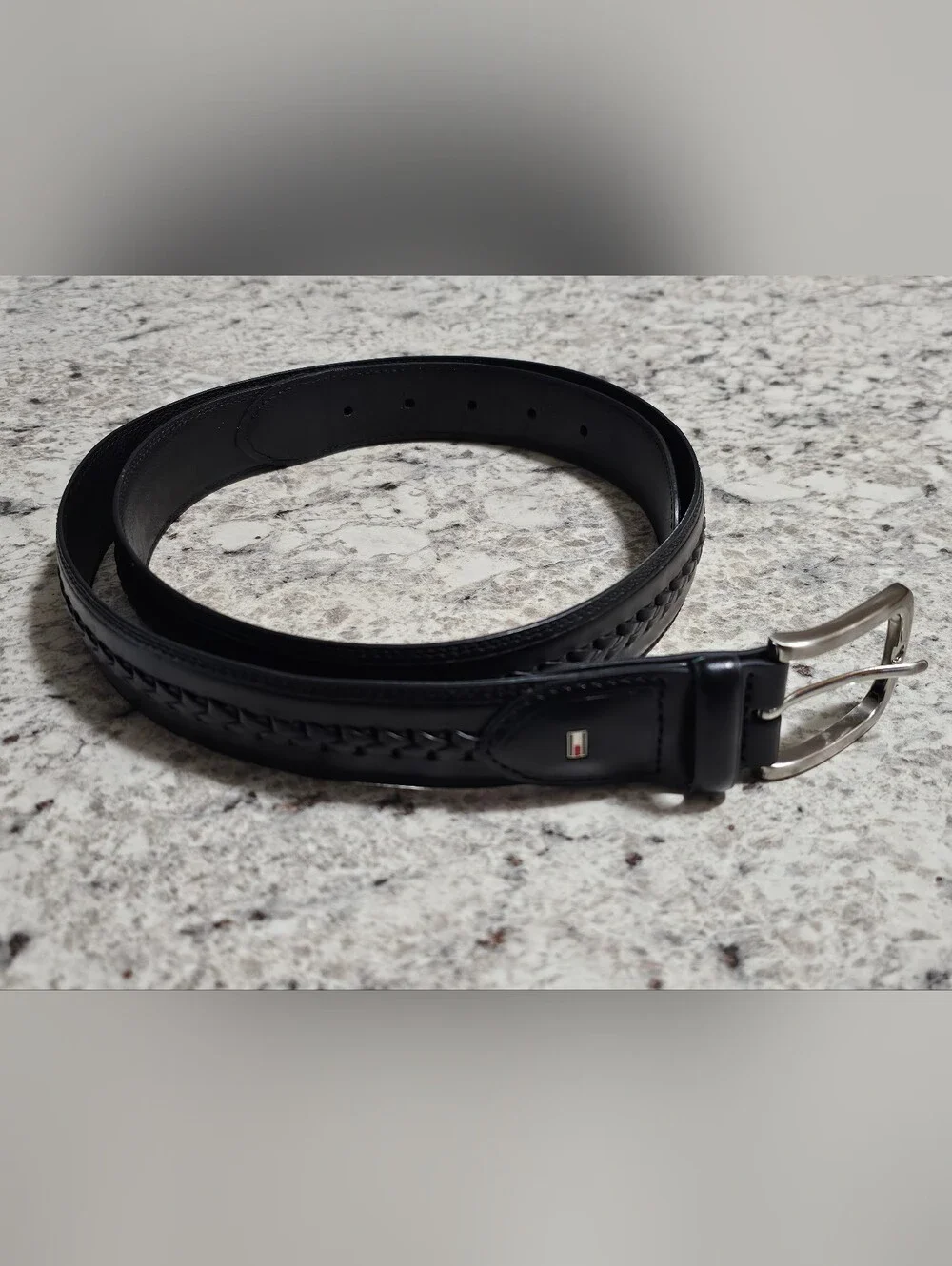 Tommy Hilfiger Men's Black Coated Leather Belt Braided Silver Buckle Size 40/100